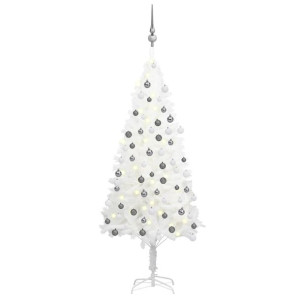 Sztuczna choinka z lampkami LED i bombkami, biała, 120 cm