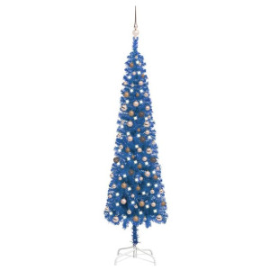 Smukła choinka z lampkami LED i bombkami, niebieska, 240 cm