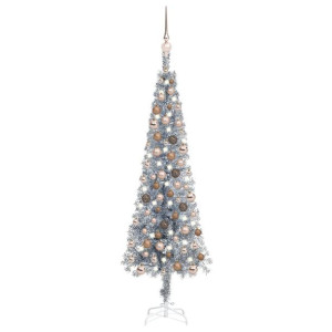 Smukła choinka z lampkami LED i bombkami, srebrna, 120 cm