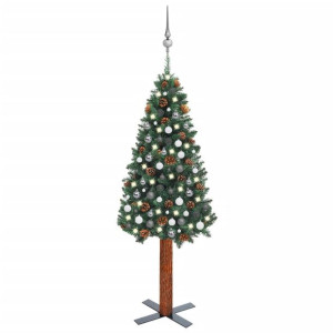 Smukła choinka z lampkami LED i bombkami, zielona, 210 cm, PVC