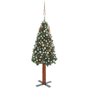 Smukła choinka z lampkami LED i bombkami, zielona, 210 cm, PVC