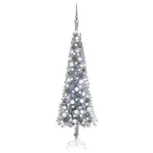 Smukła choinka z lampkami LED i bombkami, srebrna, 120 cm