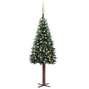 Smukła choinka z lampkami LED i bombkami, zielona, 150 cm