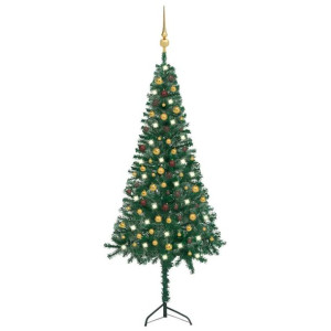 Sztuczna choinka narożna z LED i bombkami, zielona, 240 cm, PVC