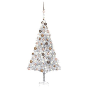 Sztuczna choinka z LED i bombkami, srebrna, 180 cm, PET