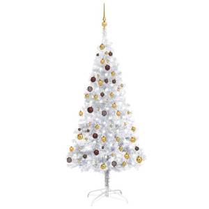 Sztuczna choinka z LED i bombkami, srebrna, 180 cm, PET