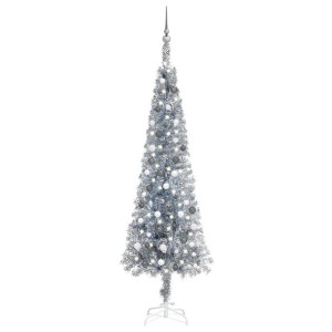 Smukła choinka z lampkami LED i bombkami, srebrna, 240 cm
