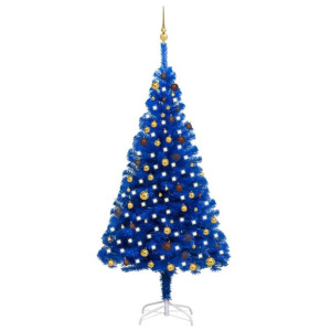 Sztuczna choinka z LED i bombkami, niebieska, 210 cm, PVC
