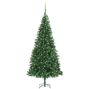 Sztuczna choinka z lampkami LED i bombkami, 300 cm, zielona