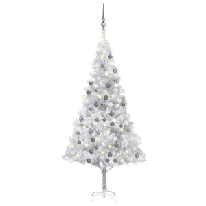 Sztuczna choinka z LED i bombkami, srebrna, 180 cm, PET