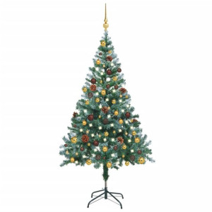 Sztuczna oszroniona choinka z LED, bombkami i szyszkami, 150 cm