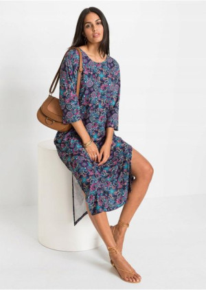 Bonprix Kolorowa Sukienka Rękaw 3/4 Boho Kwiaty Wzór Wiązanie 40-42 914184