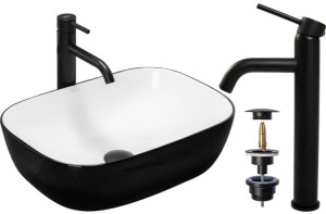 Umywalka Belinda Black White Rea + Bateria Lungo + Korek Klik Klak
