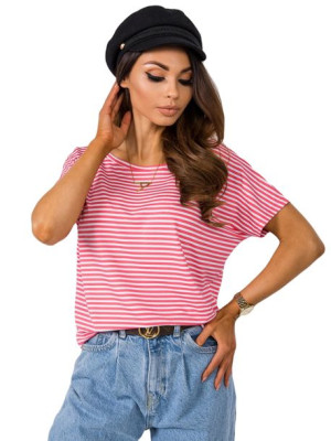 RUE PARIS Biało-koralowy t-shirt w paski M