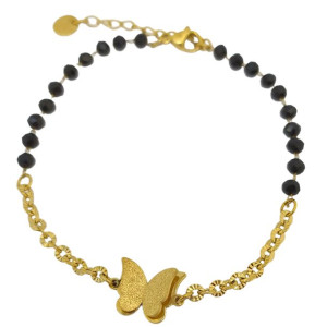 Bransoletka z Motylkiem Black Beads Czarne Koraliki Stal Szlachetna
