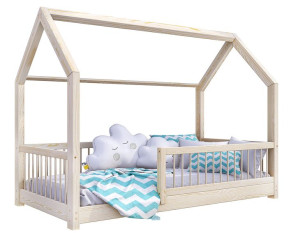 Łóżko domek drewno sosnowe 80x160 lakier + stelaż barierki Zori nogi 3 cm