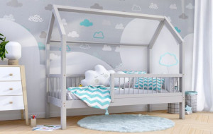 Łóżko domek drewno sosnowe 80x160 szare + stelaż barierki Zori nogi 23 cm