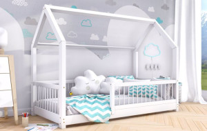 Łóżko domek drewno sosnowe 90x180 białe + stelaż barierki Zori nogi 3 cm