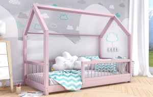 Łóżko domek drewno sosnowe 90x200 różowe + stelaż barierki Zori nogi 3 cm