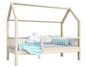 Łóżko domek drewno sosnowe 90x200 lakier + stelaż barierki Zori nogi 23 cm