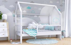 Łóżko domek drewno sosnowe 90x200 białe + stelaż barierki Zori nogi 23 cm