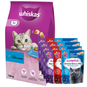 WHISKAS Adult z pysznym tuńczykiem 14kg + Leopold 12x100g