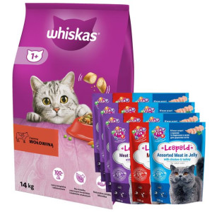 WHISKAS Adult z pyszną wołowiną 14kg + Leopold 12x100g