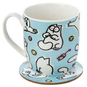 Kubek porcelanowy Kot Simona - Błękitny z podkładką