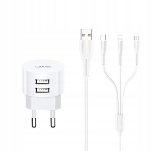 USAMS Ład. siec. 2xUSB T20 2,1A 3w1 (lightning+mic