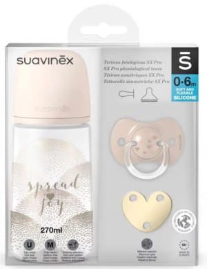 Zestaw butelka 270 + smoczek 0-6m + klips Suavinex
