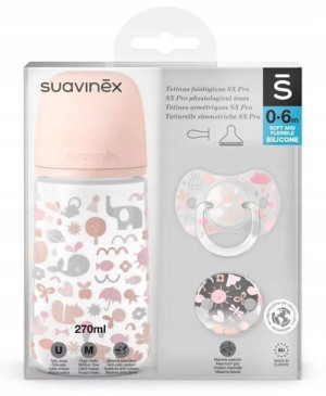Zestaw butelka 270 + smoczek 0-6m + klips Suavinex