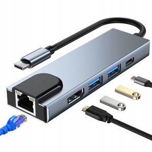Adapter Hub USB C 3.0 TF HDMI 4K PD LAN 6w1 RJ45