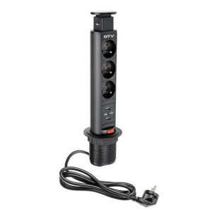Gniazda wpuszczane w blat 60MM 3x230V, 2xUSB 2,1A 5V - AE-BPW3.60U czarny