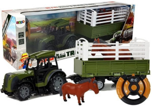 Zielony Traktor z Wysoką Przyczepą  Figurka Konia Zdalnie Sterowany 2.4G