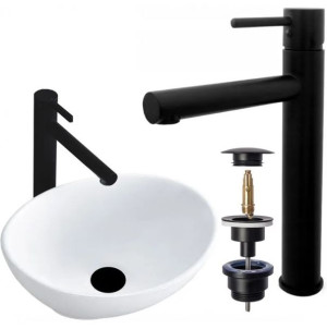 Umywalka Nablatowa Sofia Mini Rea + Bateria Tess Black + Korek Klik Klak