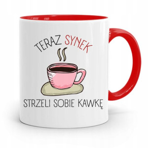 Kubek Czerwony Prezent Dla Syna Strzeli Sobie Kawę