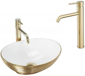 Umywalka Nablatowa Sofia Gold Brush Rea + Bateria Umywalkowa Lungo