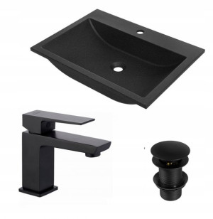 Umywalka granitowa czarna 60 cm + Bateria + Korek