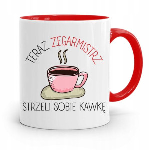 Kubek Czerwony Zegarmistrza Strzeli Sobie Kawkę
