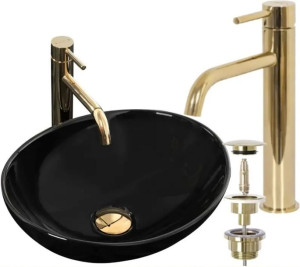 Umywalka Nablatowa Sofia Black Rea + Bateria Lungo Gold + Korek Klik Klak