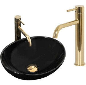 Umywalka Nablatowa Sofia Black Rea + Bateria Lungo Gold