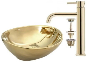 Umywalka Nablatowa Sofia Gold Rea + Bateria Lungo + Korek Klik Klak