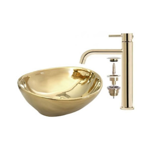 Umywalka Nablatowa Sofia Gold Rea + Bateria Lungo + Korek Klik Klak