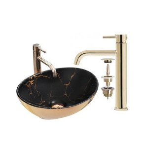 Umywalka Nablatowa Sofia IN Gold Marble Black Rea + Bateria + Korek
