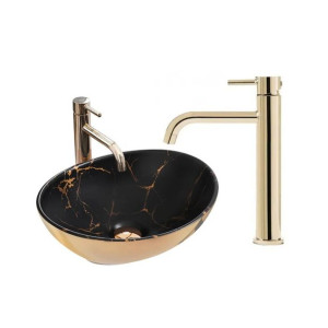 Umywalka Nablatowa Sofia IN Gold Marble Black Rea + Bateria Lungo Złota