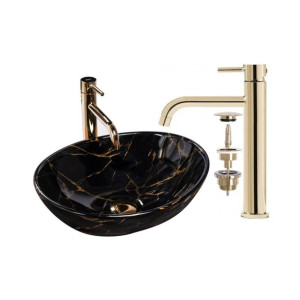 Umywalka Nablatowa Sofia Black Marble Rea + Bateria + Korek