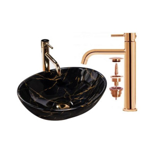 Umywalka Nablatowa Sofia Black Marble Rea + Bateria Miedziana + Korek