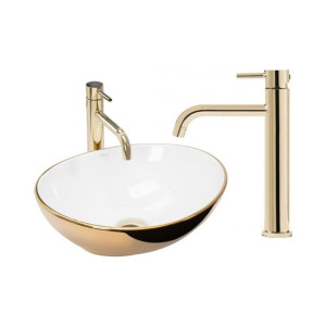 Umywalka nablatowa Sofia Gold White Rea + Bateria Umywalkowa Lungo