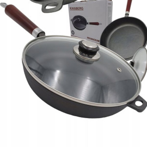 PATELNIA 24 cm ŻELIWNA Głęboka z POKRYWKĄ Ciężka
