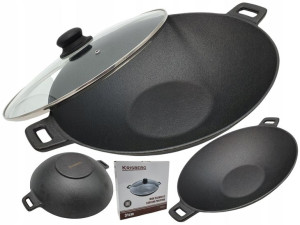 Wok Patelnia Żeliwna 31cm Pokrywą Indukcja Gaz